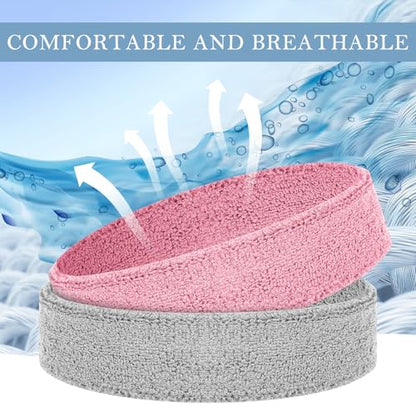 4 Pack Cotton Terry Sweat Headbands for Men Women Running Gym - color: Black/Gray/Pink/White