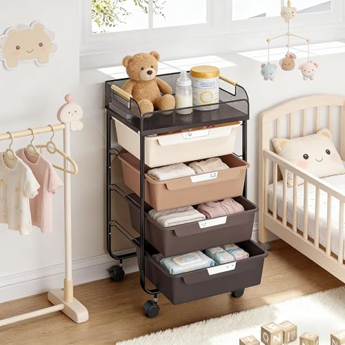SYKIARIOL 4-Drawer Rolling Storage Cart with Mesh Top,Brown | Utility Craft Organizer Cart on Wheels with 4 DIY Labels, Rolling Drawer Cart for Home Office Classroom Bedroom - color: Gradient Brown
