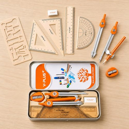 YPLUS Geometry Set, Protractor and Compass Set for Students, 11Pcs | Compass Drawing Tool with Metal Case, Protractor, Formula Card, Rulers, Mechanical Pen, School Supplies for Students - size: 1 Count (Pack of 11)