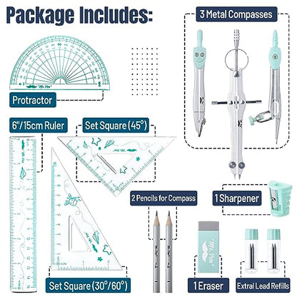 Mr. Pen- Geometry Set, 13 pcs, 3 Metal Compasses, Protractor, 6" Ruler | 45° & 30°/60° Set Squares, Pencils, Lead Refills, Sharpener & Eraser for Math, Drafting & Classroom Use | 45° & 30°/60° Set Squares, Pencils, Lead Refills, Sharpener & Eraser for Mat