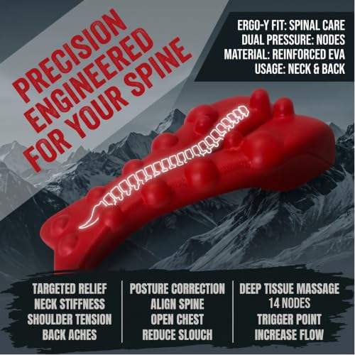 Neck and Shoulder Relaxer, Cervical Traction Device for Neck Support and Posture Alignment, Neck Stretcher Pillow with Acupressure Points (Red)
