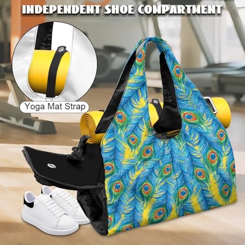 Yoga Gym Bag with Removable Adjustable Shoulder Strap, Shoe Compartment & Top Yoga Mat Holder 17.72x8.66x9.84in - color: Blue Peacock Feather Print