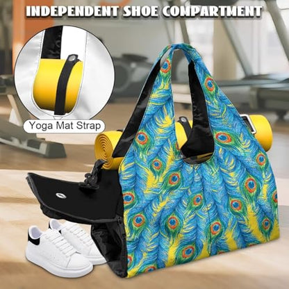Yoga Gym Bag with Removable Adjustable Shoulder Strap, Shoe Compartment & Top Yoga Mat Holder 17.72x8.66x9.84in - color: Blue Peacock Feather Print