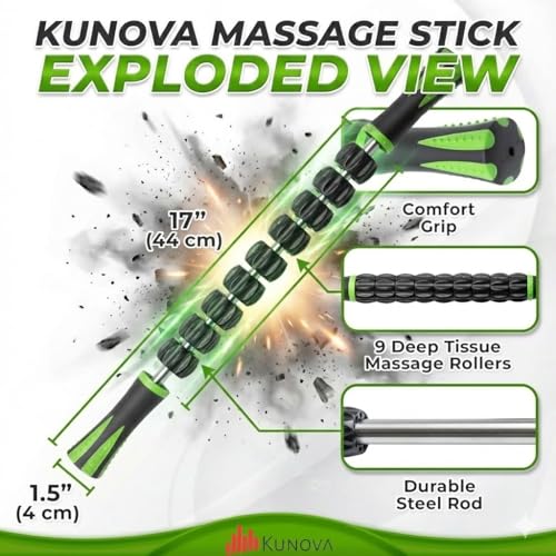 Kunova (TM) Muscle Roller Stick - Massage Tool for Releasing Myofascial Trigger Points, Reducing Muscle Soreness, Soothing Cramps and Relieving Muscle Pain