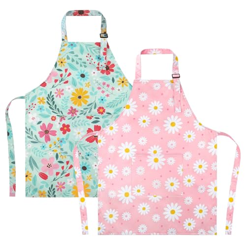 2 Pack Kids Apron, Cute Cooking Aprons, Waterproof Art Apron with Pockets, Toddler Painting Artist Apron Adjustable - color: Daisies and Flowers, size: 45*62cm