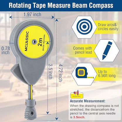 Dreyoo 6.56ft Rotape Tape Measure Compass for Large Circles and Lines | 10 Spare Pencil Leads, Push-Button Retract & Lock, Metric/Imperial Scale, Easy Operation, Woodworking & Drafting Use