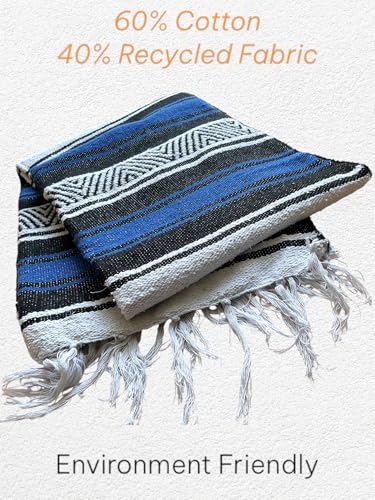 Mexican Falsa Blanket Serepe Throw Authentic Handwoven Saddle Multi-Use for Yoga, Beach, Camping and Picnics - Durable Outdoor Indoor. 60% Cotton. - color: Blue