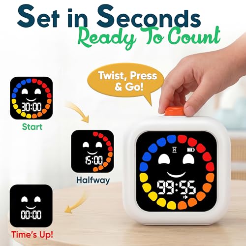 Digital Visual Timer for Kids - Calmer Routines & Transitions | Silent, Rechargeable, 99-Min Clock, Alarm, Countdown & Count-up; For Classroom, Home & Therapy - Builds Focus & Independence - color: White