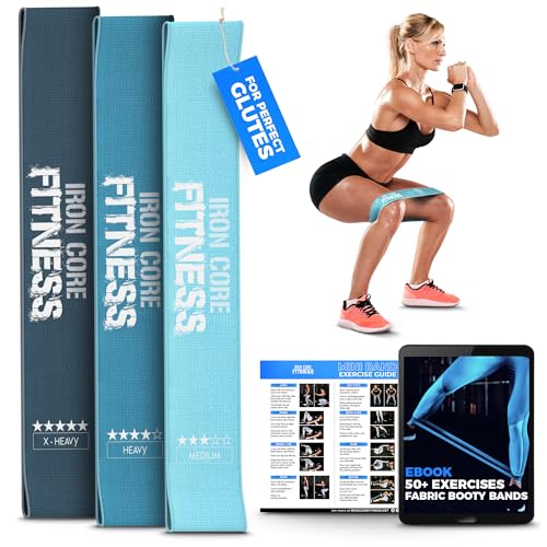 Fabric Mini Resistance Bands Sets for Trainers, Bootcamp, Gym for Men and Women in Fun Colors - Ebook, Videos and Workout Chart Included by Iron Core Fitness - color: #2 Blue, 3 x Various Levels