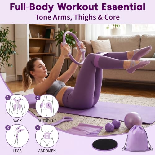 Hoikwo Purple 15 Pcs Pilates Kit for Women Resistance Bands Combo Yoga Sets | 7.3" Yoga Ball with Pump, 5 TPE Loop Bands, Long Band, Figure-8 Band, 2 Sliders, Grip Socks and Storage Bag for Home, Gym