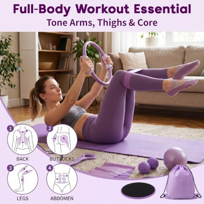 Hoikwo Purple 15 Pcs Pilates Kit for Women Resistance Bands Combo Yoga Sets | 7.3" Yoga Ball with Pump, 5 TPE Loop Bands, Long Band, Figure-8 Band, 2 Sliders, Grip Socks and Storage Bag for Home, Gym