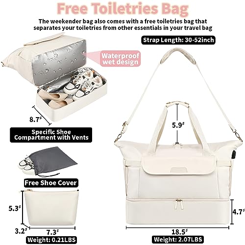 Travel Bag for Women, Sports Gym Duffel Bag, Weekender Overnight Bag with Wet Pocket and Shoes Compartment, Carry On Tote Bag Gym Yoga Duffel Bag for Men - color: Beige