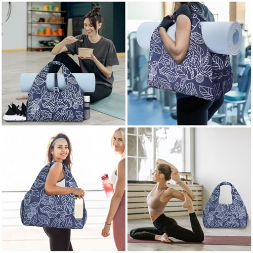 Sportsnew Tote Yoga Mat Gym Bag 20L Women W/Shoe Compartment Wet Dry Pocket - color: Navy Blue Leaf