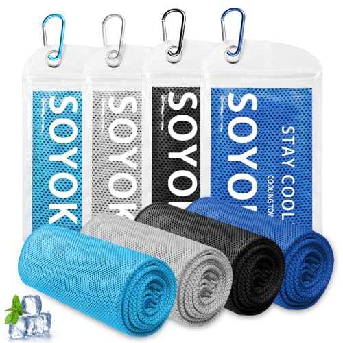 SOYOK 4 Packs Cooling Towels, 40" x 12" Cooling Towels for Neck and Face | High-density microfiber,Soft Breathable,Portable,Reusable, Waterproof Bag,Carabiner,for Running, Yoga, Travel, Climb - color: Light Blue/Light Grey/Black/Royal Blue
