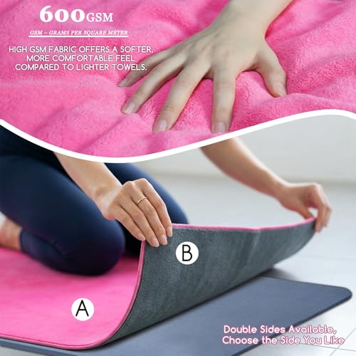 Yoga Mat Towel, Extra Thick (600GSM) Soft Hot Yoga Towel, Non-Slip and Sweat Absorbent for Hot Yoga, Bikram, Pilates, and Fitness, 72" x 27.5", Dual-Color, Grey/Pink - color: Dark Pink
