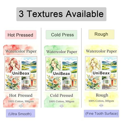 UniBeax Artist-Grade 100% Cotton Watercolor Paper Hot Pressed 300gsm 140lb, 10.6"x7.7", Premium Drawing Paper, for Professional Artist, 20 Sheets