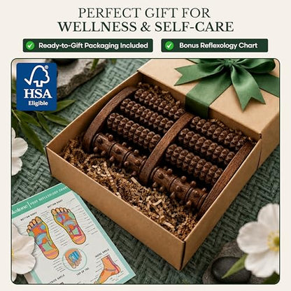 Brookstone Foot Massager Roller Plantar Fasciitis Pain Relief - Wooden Under Desk Feet Massage - Dual Manual Heel Massagers - Wood Rolling Acupressure Tool with Reflexology Guide - Gift for Men, Women - color: Walnut