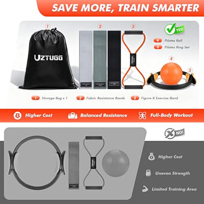 UZTUGG Pilates Equipment Kit at Home for Women, 4-in-1 Workout Essential Set with Pilates Ring, Fabric Resistance Bands, Figure 8 Resistance Band, Pilates Ball–Full Body Toning, Yoga & Stretching - color: orange pilates kit