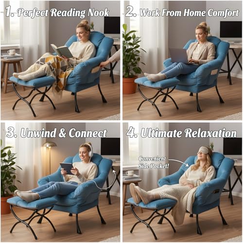Tiita Lazy Chair with Ottoman, Comfy Reading Accent Chair, Light Blue | Foldable Footrest, Padded Seat and Backrest, Side Pocket for Lounging in Living Rooms, Bedrooms, Dorms and Small Spaces - color: Light Blue
