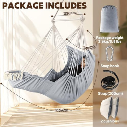 Chihee Hammock Chair Foot Rest 2 Cushions Max 485 lbs Metal Spreader Bar | Robust Hanging Chair Soft Cotton Blended Swing Collapsible Easy Storage Strong Strap Iron Carabiner Pocket Indoor Outdoor - color: Light Grey