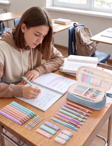 SUNEE Pencil Case with Supplies, 35PCS Aesthetic Stationery Set with Pastel Highlighters, Black Gel Pens, Mechanical Pencils & Refills, College School Supplies for Students and Girls, Blue - color: Blue, style: 35 Pack