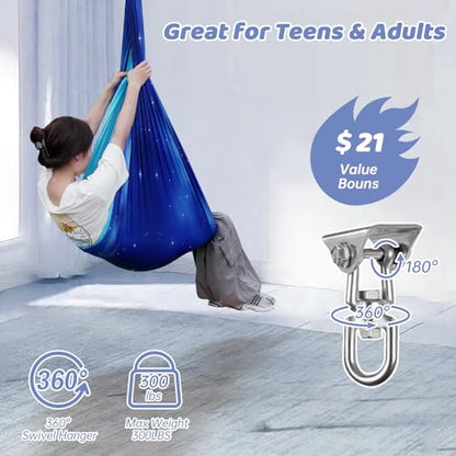 Aokitec Sensory Swing Kids & Adults, Double-Layer Indoor Outdoor Hammock | Therapy swing, Special Needs, Autism, Adjustable, Double-layer Polyester Holds 300LB, Swivel Hanger, All Hardware Included - color: Star Blue