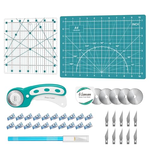 39 Pcs Rotary Cutter Set- Quilting Kit incl. 45mm Fabric Cutter with 5 Extra Blades, A4 Cutting Mat, 2 Craft Knife Set, Ideal for Crafting, Sewing, Patchworking Turquoise - color: Turquoise, size: A4 Rotary Cutter Set