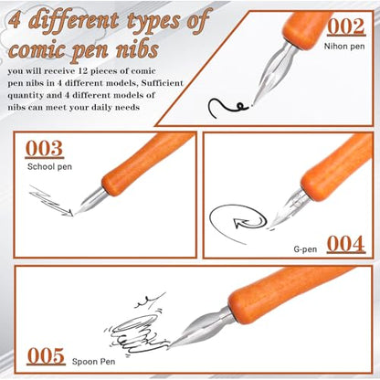 Guduling 14 Pcs Dip Pen Set,2 Wooden Dip Pens Holder + 12 Stainless Steel Calligraphy Dips Pen Nibs for Calligraphy, Comic Inking & Art Drawing, Gift for Artists & Writers