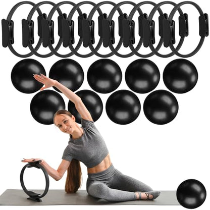 Silipull 18 Pcs Pilates Ring and Ball Set Pilates Equipment for Home Workout 11.8 Inch Magic Circle Rings with Padded Handles, Small Yoga Balls for Strength, Fitness, Toning and Flexibility, Black