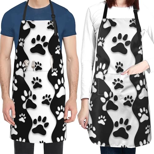 Art Apron with Pocket for Women Men | Kitchen Aprons Chef Apron for Cooking Baking BBQ Painting Gardening - color: Black White Dog Paws