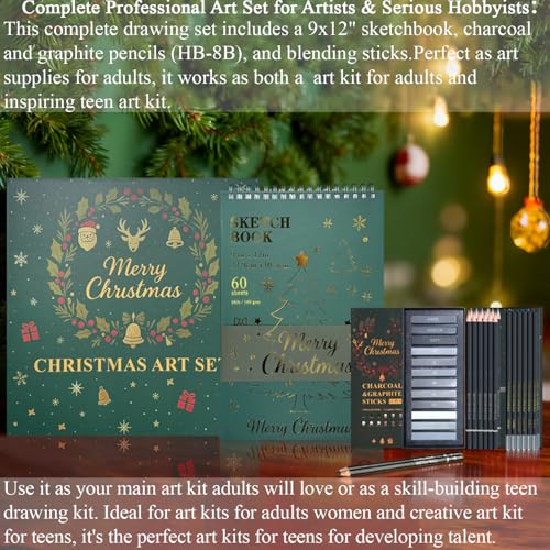 Fuxi Sketch Pad and Pencil Set | Stocking Stuffers, Art Supplies for Adults | Gifts for Artists, Teen & Beginners | Complete Drawing Set with Sketch Book, Sketch Pencils, Charcoal & Graphite Sticks. - color: Christmas Green, size: 9" x 12" (Pack of 1)