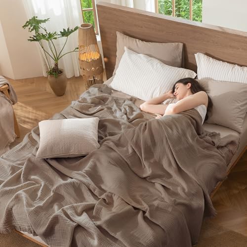 MooMee 100% Cotton Muslin Blanket, Fringed 4-Layer Gauze Bed Throw Blankets - color: Brown, size: Super King