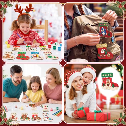 Saypacck 24 Pcs Christmas Stocking Party Favors Wooden Paint Craft Kits | Unicorn Mermaid Designs, Brushes Paints Organza Bags Included, Birthday Goodie Bag Fillers, Kids Girls Thank You Gifts - style: Christmas Stocking