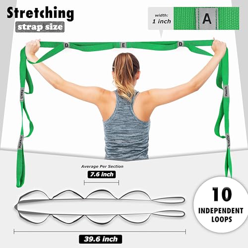 Stretching Strap Yoga Strap with 10 Loops, Non-Elastic Stretch Band for Physical Therapy, Flexibility, Exercise, Pilates, Dance & Gymnastics Workout - color: Green