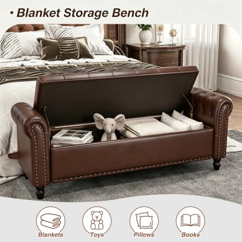 FiveWillowise 55” Bedroom Bench,End of Bed Bench with Storage,Chocolate - color: Chocolate, size: 55-inch