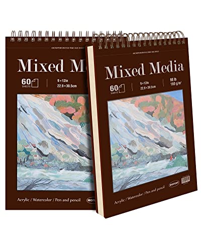 Mixed Media Sketchbook 9" x 12", 60 Sheets Each (98lb/160gsm), 2 Pack, Heavyweight Drawing Papers, Top Spiral Bound Hardcover Sketchbook, for Wet and Dry Media, Drawing, Painting - size: 9" x 12" (Pack of 2)