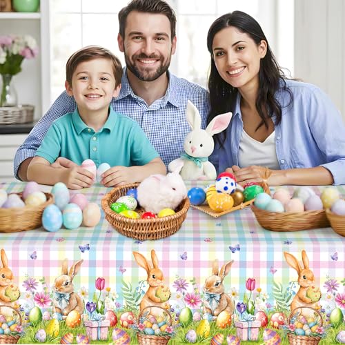 2 Pcs Easter Bunny Tablecloth - Easter Plastic Buffalo Plaid Tablecloth, Spring Flower Cute Rabbit Colorful Eggs Rectangle Table Cover for Table Decorations Party Decor Supplies Favors, 108 x 54 Inch - color: Easter