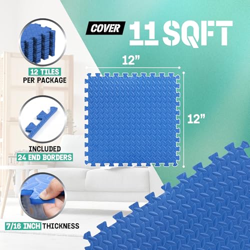 Yes4All EVA Interlocking Mats, Puzzle Floor Tiles, Foam Floor Padding with Border for Furniture, Home Space, Living Room, Garage 11,15,32,99 SQFT - color: Blue, style: 7/16" Thickness, 11 SQFT