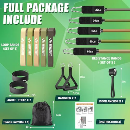 WHATAFIT Resistance Bands with Handles, 5-Level Exercise Bands for Workout - color: Green 16PCS