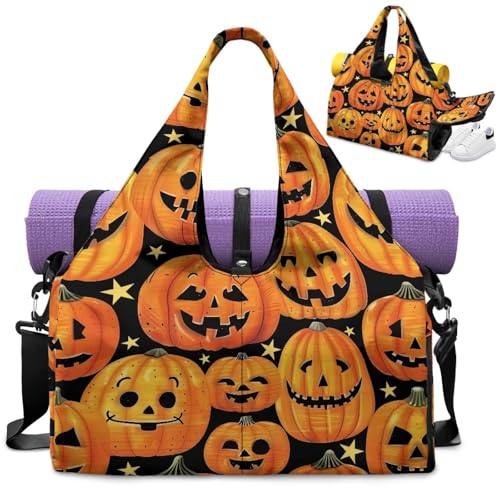 Gym Bag with Yoga Mat Holder Large Tote Bag With Multi Pockets for Women Men Dry Wet Separated Pocket Carryall Yoga Tote Bag for Pilates Travel Workout Office - color: Halloween Pumpkin