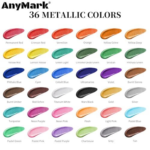 AnyMark Metallic Acrylic Paint, 36 Colors Acrylic Paint Set with 12 Brushes | Art Kit Painting Supplies for Adults Canvas, Rock, Wood and Fabric, 2 fl oz/60ml Bottles - color: Metallic
