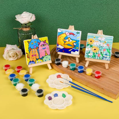 ESRICH 6 Set Mini Acrylic Paint Kit, Mini Stretched Canvas with Easel | Acrylic Paint Strips, Paint Palettes, Painting Brushes, Mini Canvas and Easel Set for Kids Artists Beginner, Gift