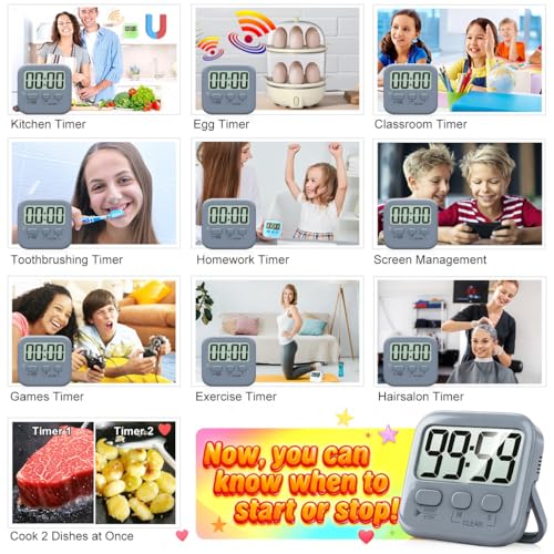 Antonki 2 Pack Digital Timer for Kids Classroom Kitchen Timers for Cooking | w/ Battery, Easy to View, Alarm, Mute Mode, Count Down/Up, Magnetic, Kickstand, Hanging, Classroom Timer for Teacher Supplies - color: Space Grey