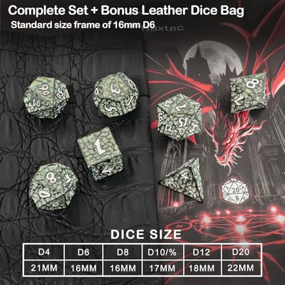 Haxtec Metal DND Dice Set, 7 Pcs Meteorite Texture Polyhedral Dice for RPG | White Number D&D with Leather Bag, Compatible with Dungeons and Dragons, Green Heavy Metallic, Gifts for DND Players Masters - color: Black Green White