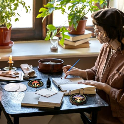 Reallnaive 8 Pcs Mushroom Paint by Numbers Kit for Adults Wooden Coasters | Mini Paint by Numbers, Tiny Black Round Oil Painting Drink Coaster with Holder, for Small DIY Craft Birthday Gift - style: Mushroom
