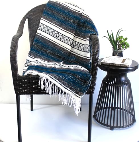 Del Mex Classic Mexican Blanket, Large Authentic Woven Falsa Throw (70"x50"), Artisan Southwest Décor for Beach, Yoga, Outdoors (Navy Blue) - color: Navy Blue