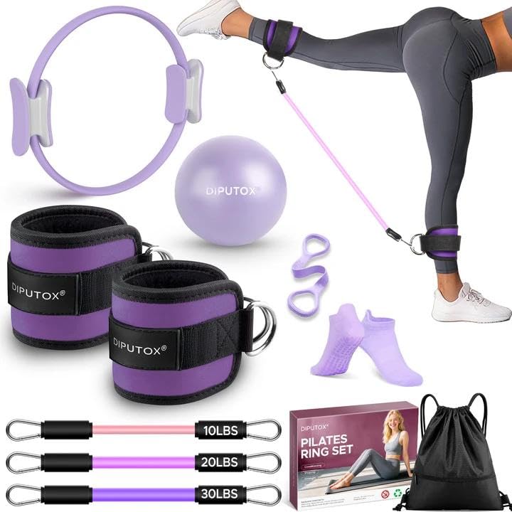 Pilates Ring Kit for Women, Pilates Equipment Accessories, Home Workout Set with Magic Circle, Mini Exercise Ball, Ankle Resistance Bands & Yoga Socks, for Fitness, Toning & Better Me Gifts - size: 10 Count(Pack of 1)