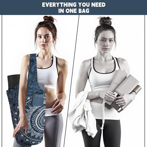 Yoga Mat Bag Carrier for Women with Side Large Pocket Durable Linen Workout Gym Travel Storage Pilates Mats - color: Mandala Circle