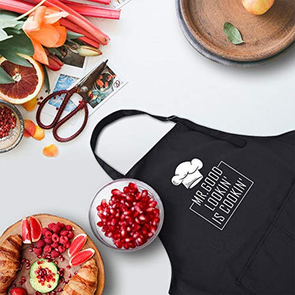 Rosoz Funny BBQ Black Chef Aprons for Men, Mr Goodlookin' is Cookin' | Adjustable Kitchen Cooking Aprons, Waterproof Oil Proof ,2 Pockets, Long Ties, Dad Gifts for Birthday Father's Day Christmas