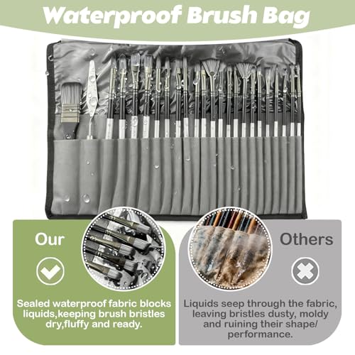 Professional 24Pcs Paint Brushes Set: Wooden Handle Nylon Bristles for Acrylic Oil Watercolor Gouache Painting Outdoor Landscape Sketching Traveling Artists